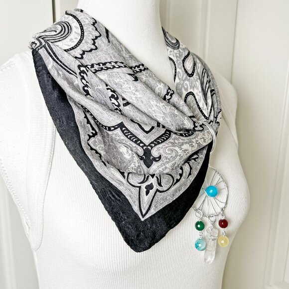 One-of Black & White Silk Bandanna w/ Gemstone Dreamcatcher Pendant Necklace Set - Picture 4 of 9